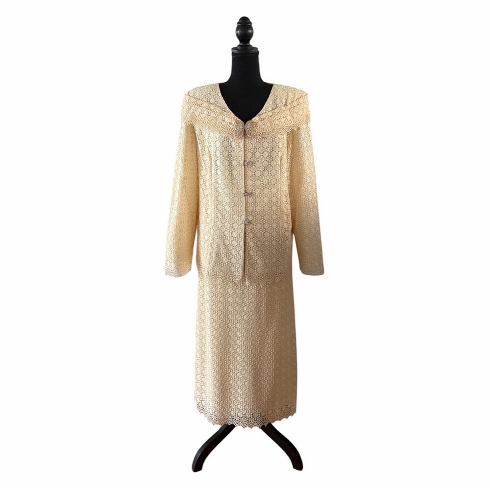Anna Rossi Ivory Crochet 2pc Suit Skirt w/Portrait Collar, Rhinestones, Size 18